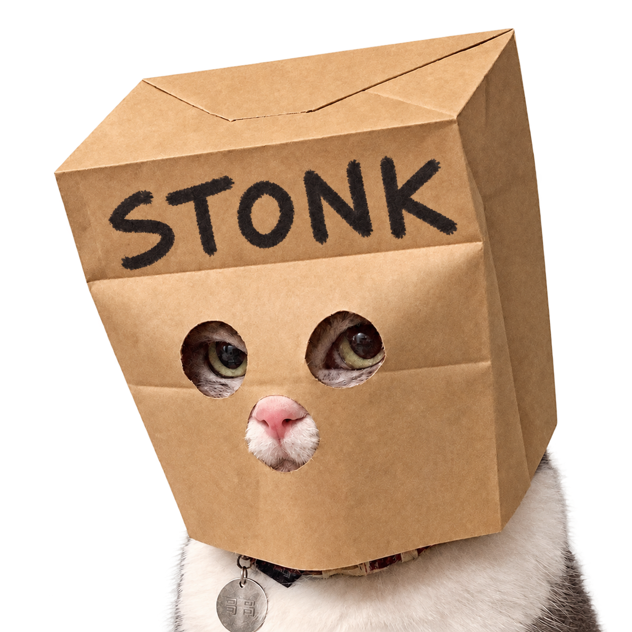 STONKCAT wearing a paper bag with STONK written in black marker